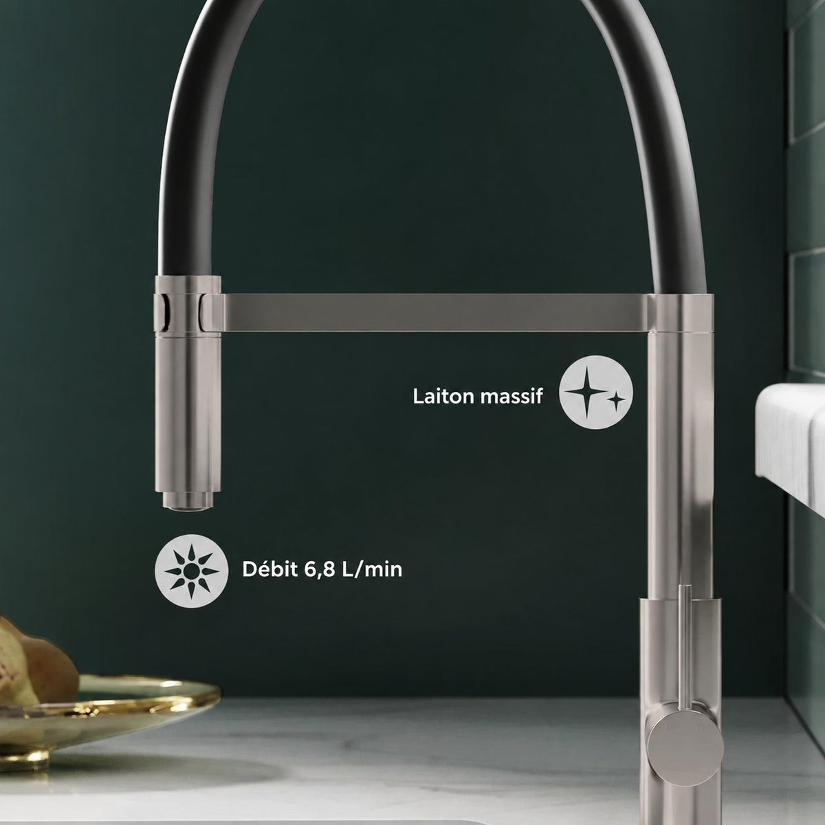 Troyes Poignée unique, Pull-Down mitigeur de cuisine – finition nickel brossé