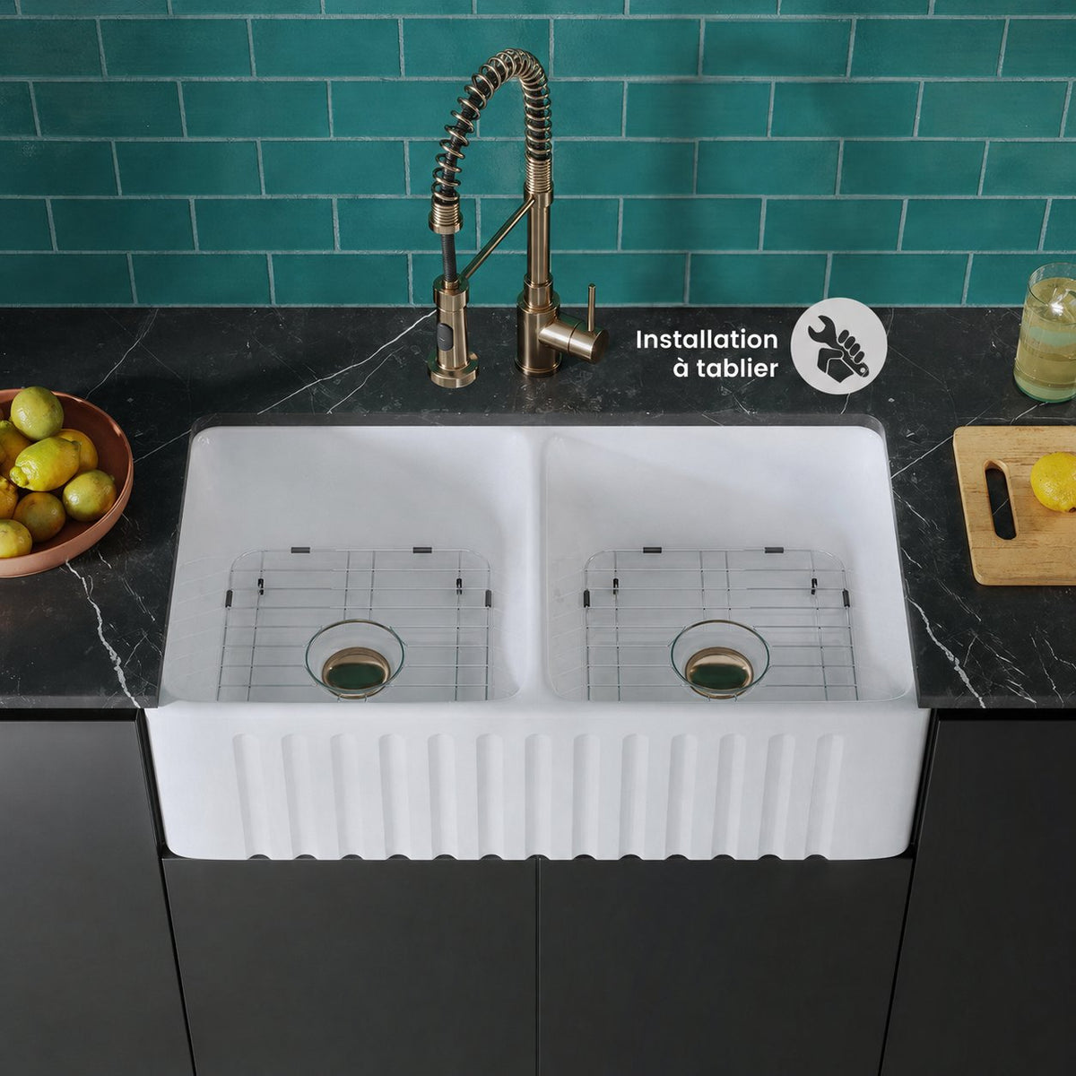 Elegance 83,8 cm x 50,8 cm simple Basin Fireclay Workstation évier de cuisine – finition blanc brillant
