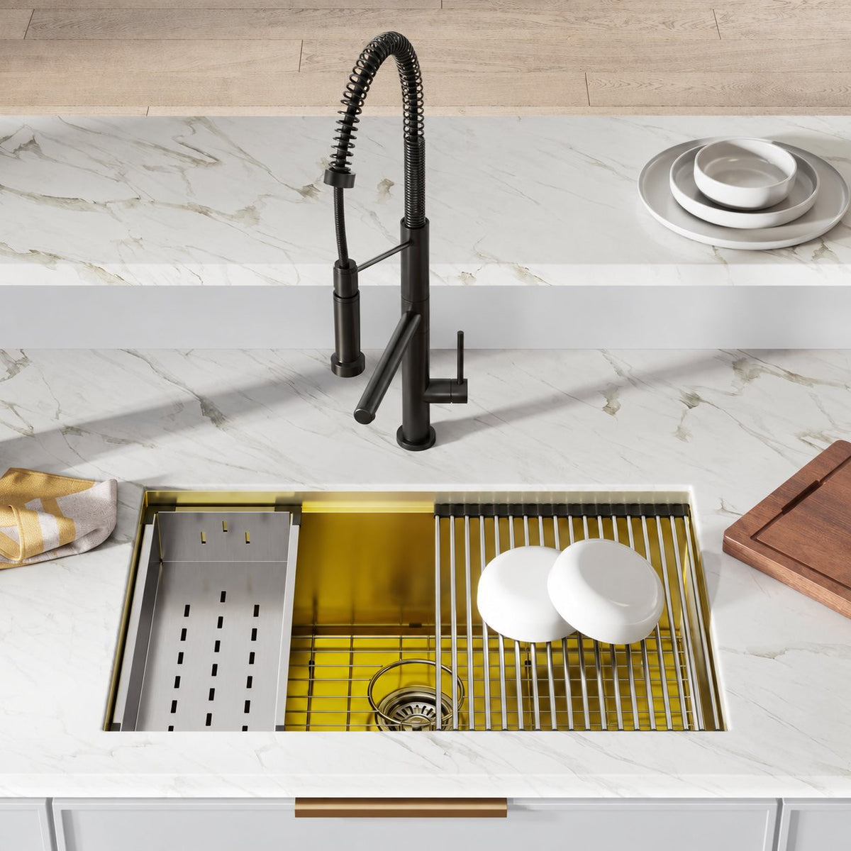 Tourner 76,2 × 48,3 cm acier inoxydable, simple Basin, Undermount Kitchen Workstation vasque – finition or