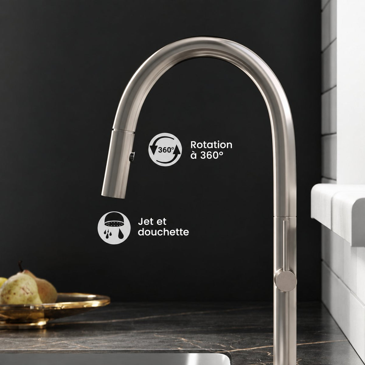 Chalet Poignée unique, Pull-Down mitigeur de cuisine – finition nickel brossé