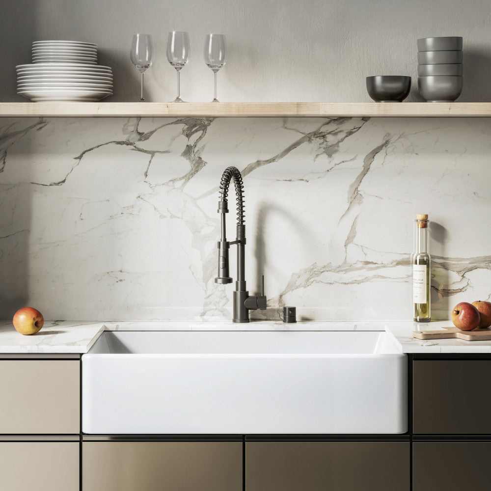 Elegance 91,4 cm x 50,8 cm simple Basin Fireclay Farmhouse évier de cuisine – finition blanc brillant avec acier inoxydable Grid