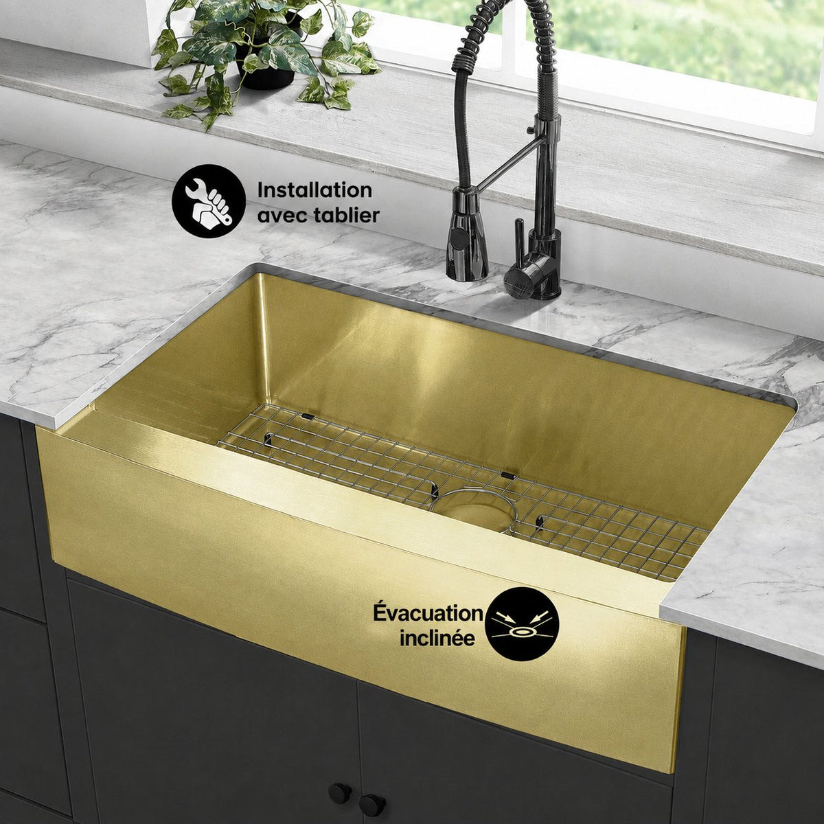 Rivage 91,4 × 53,3 cm acier inoxydable, simple Basin, Farmhouse évier de cuisine avec Apron – finition or