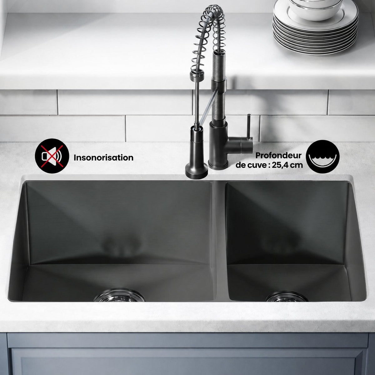 Rivage 83,8 × 50,8 cm acier inoxydable, Dual Basin, Undermount évier de cuisine – finition noir