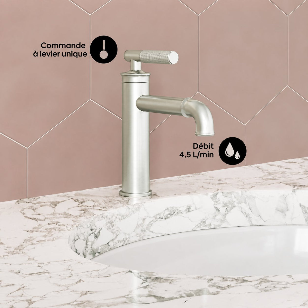 Avallon monotrou, monocommande Sleek, mitigeur de lavabo – finition nickel brossé