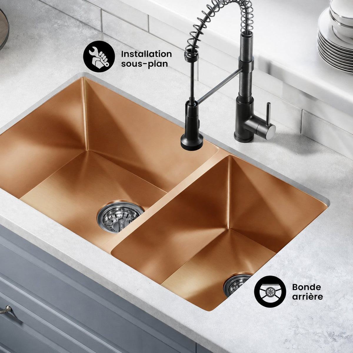 Rivage 83,8 × 50,8 cm acier inoxydable, Dual Basin, Undermount évier de cuisine – finition Rose or