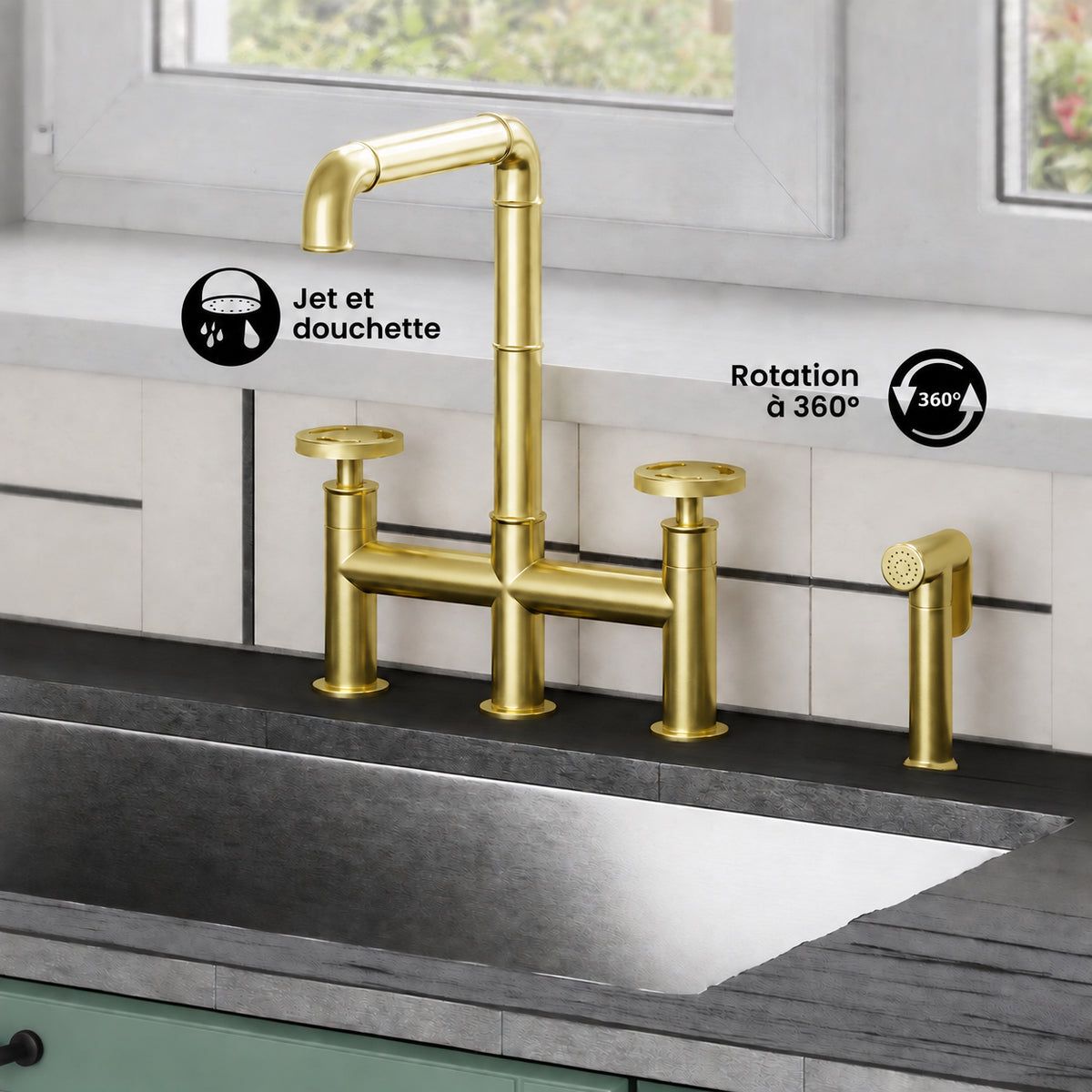 Avallon Pro Widespread mitigeur de cuisine avec Side Sprayer – finition or brossé