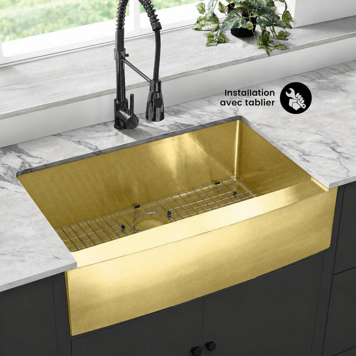 Rivage 83,8 × 53,3 cm acier inoxydable, simple Basin, Farmhouse évier de cuisine avec Apron – finition or