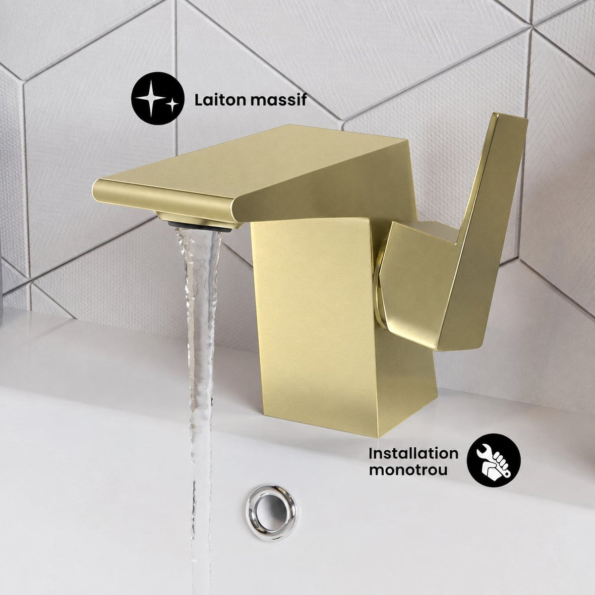 Carre monotrou, monocommande, mitigeur de lavabo – finition or brossé