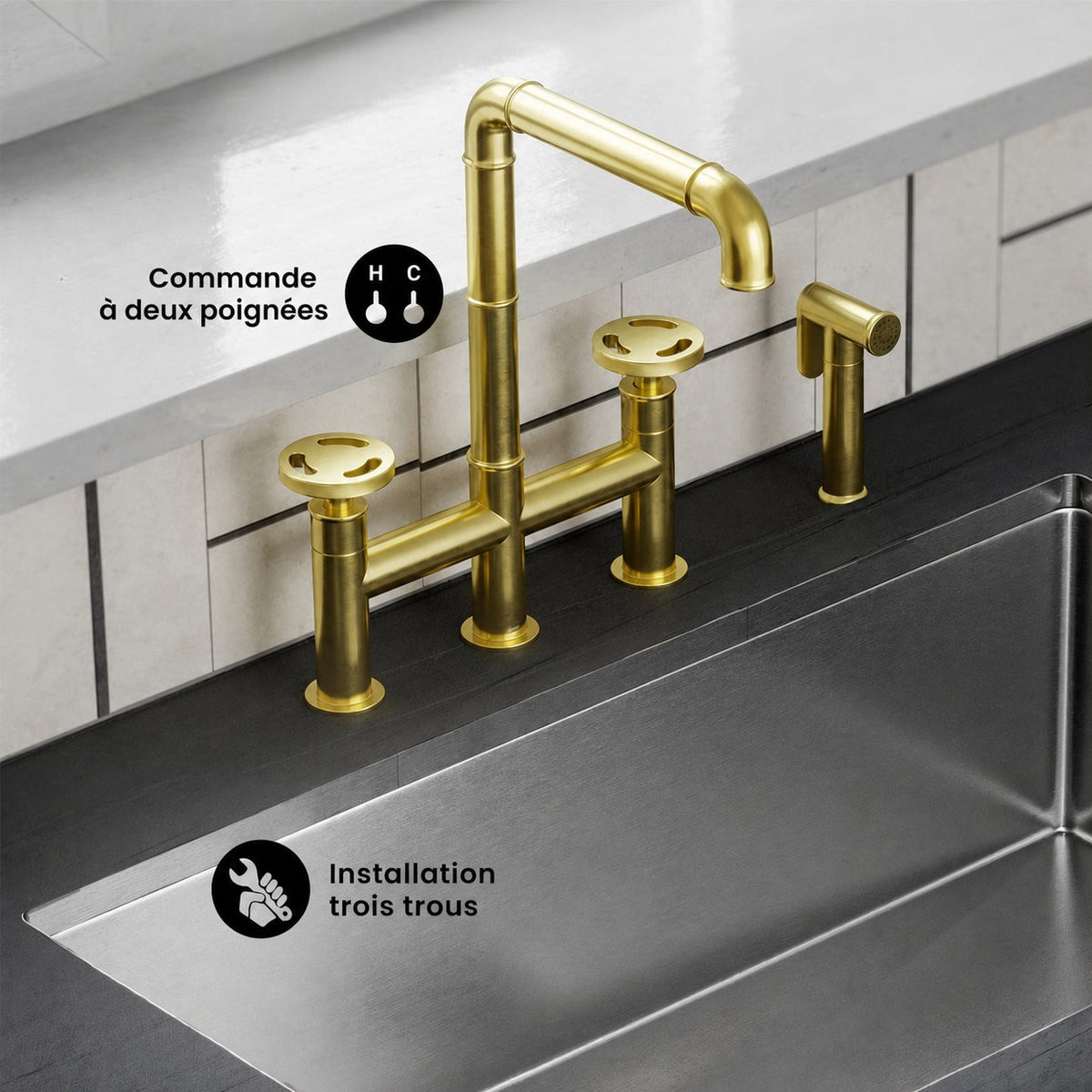 Avallon Pro Widespread mitigeur de cuisine avec Side Sprayer – finition or brossé