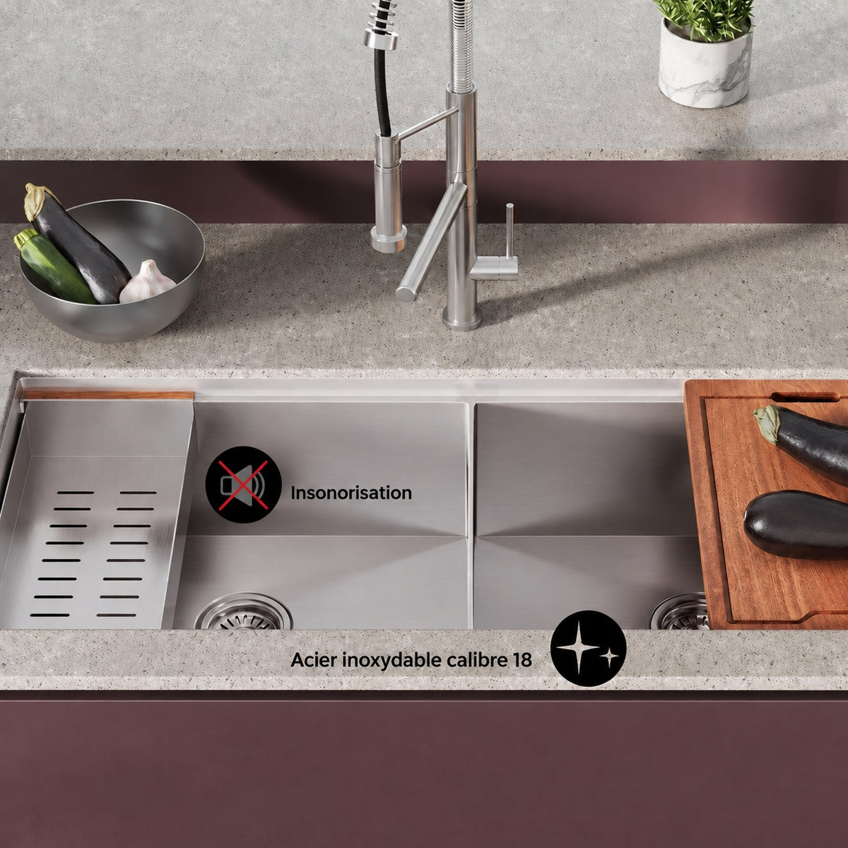 Rivage 114,3 × 48,3 cm Dual Basin Undermount Kitchen Workstation vasque