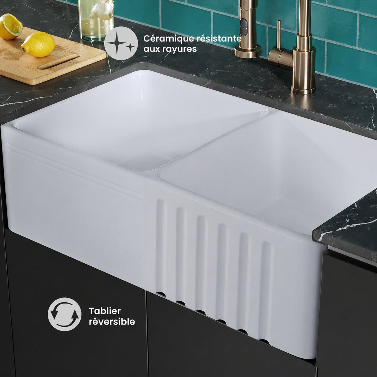 Delice 86,4 cm double Basin céramique Farmhouse évier de cuisine – finition blanc brillant