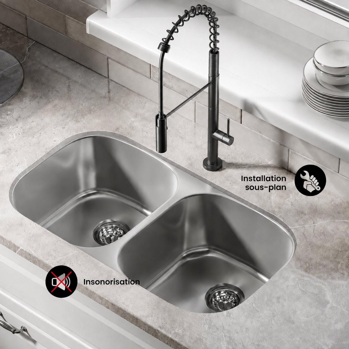 Toulouse 81,3 × 45,7 cm acier inoxydable, Dual Basin, Under-Mount évier de cuisine