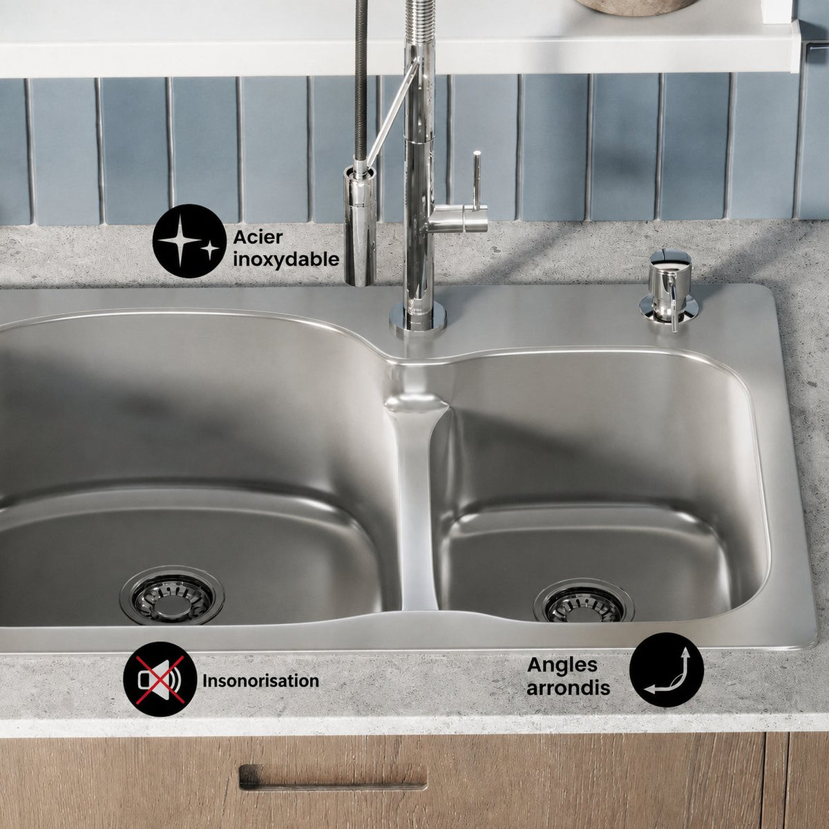 Ouvert 83,8 × 55,9 cm acier inoxydable, Dual Basin, Top-Mount évier de cuisine