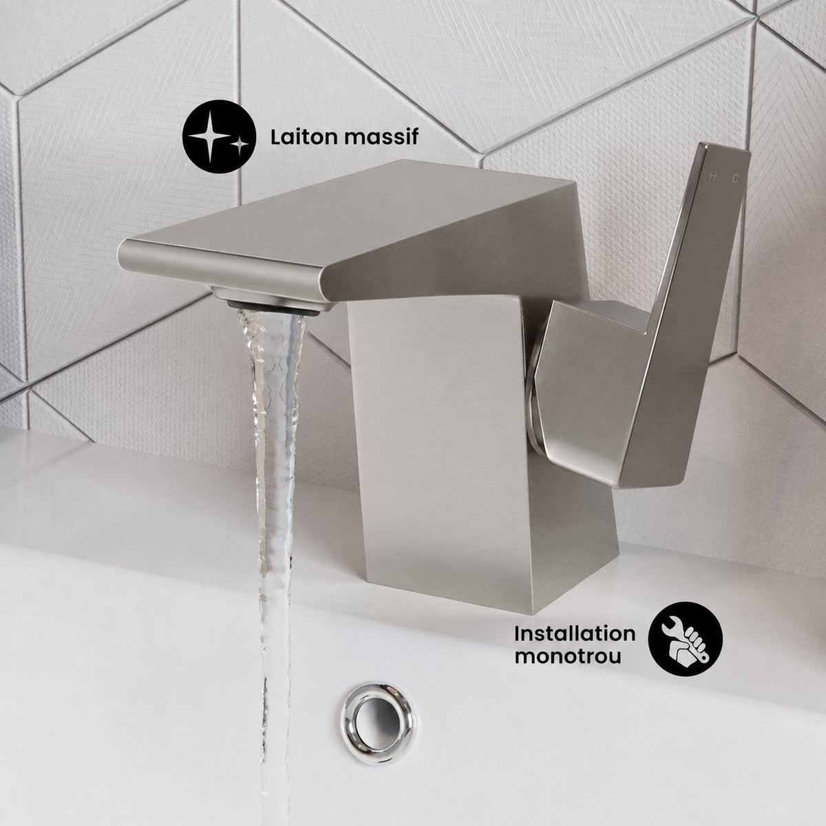 Carre monotrou, monocommande, mitigeur de lavabo – finition nickel brossé