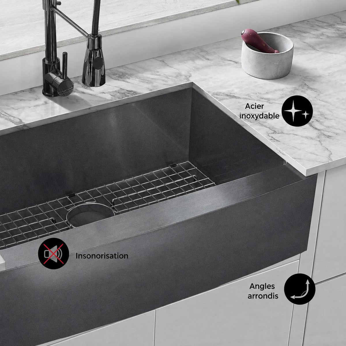 Rivage 76,2 × 53,3 cm acier inoxydable, simple Basin, Farmhouse évier de cuisine avec Apron – finition noir