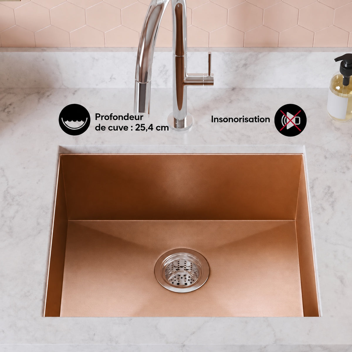 Tourner 53,3 × 45,7 cm acier inoxydable, simple Basin, Undermount évier de cuisine, Rose or