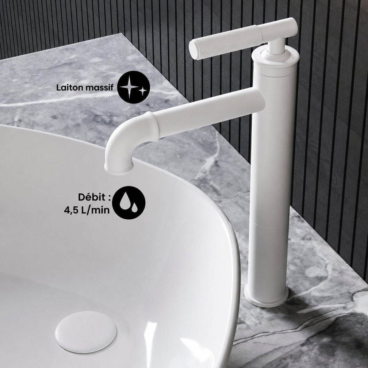 Avallon monotrou, monocommande Sleek, High Arc mitigeur de lavabo – finition blanc mat