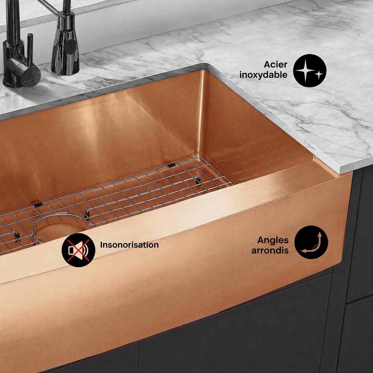 Rivage 91,4 × 53,3 cm acier inoxydable, simple Basin, Farmhouse évier de cuisine avec Apron – finition Rose or