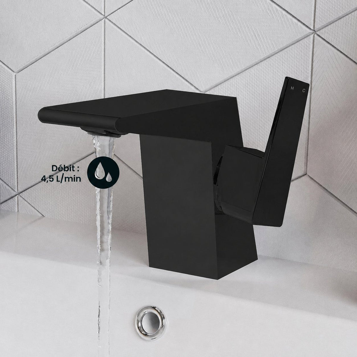 Carre monotrou, monocommande, mitigeur de lavabo – finition noir mat