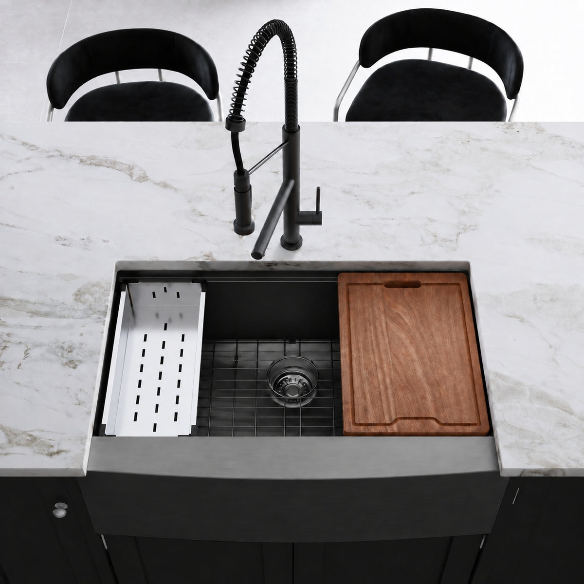 Tourner 83,8 × 55,9 cm acier inoxydable, simple Basin, Farmhouse Kitchen Workstation vasque avec Apron – finition noir