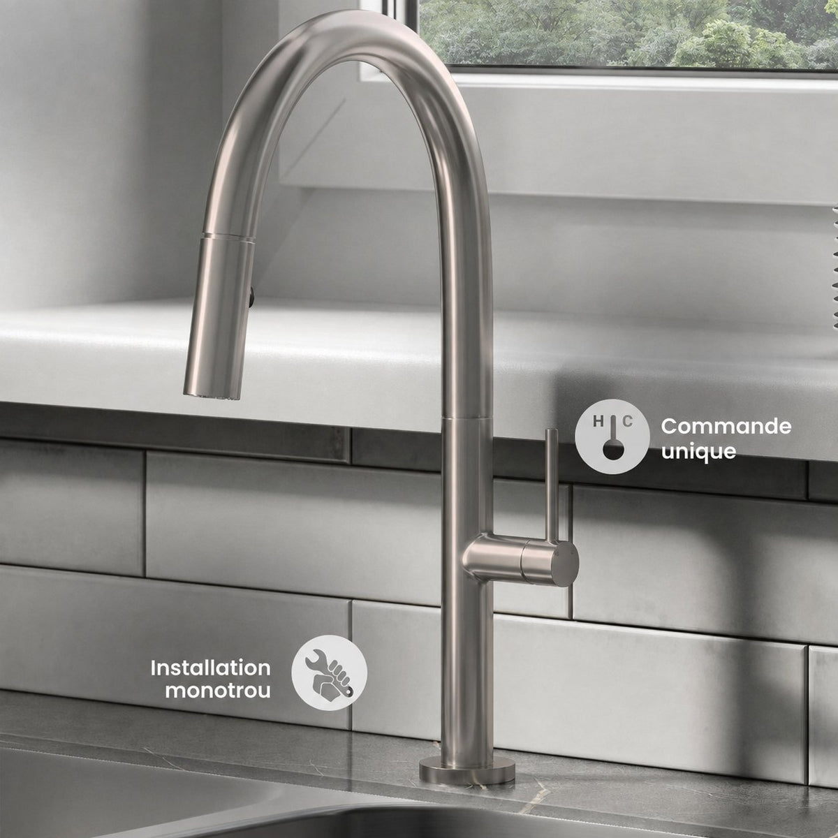 Chalet Poignée unique, Pull-Down mitigeur de cuisine – finition nickel brossé