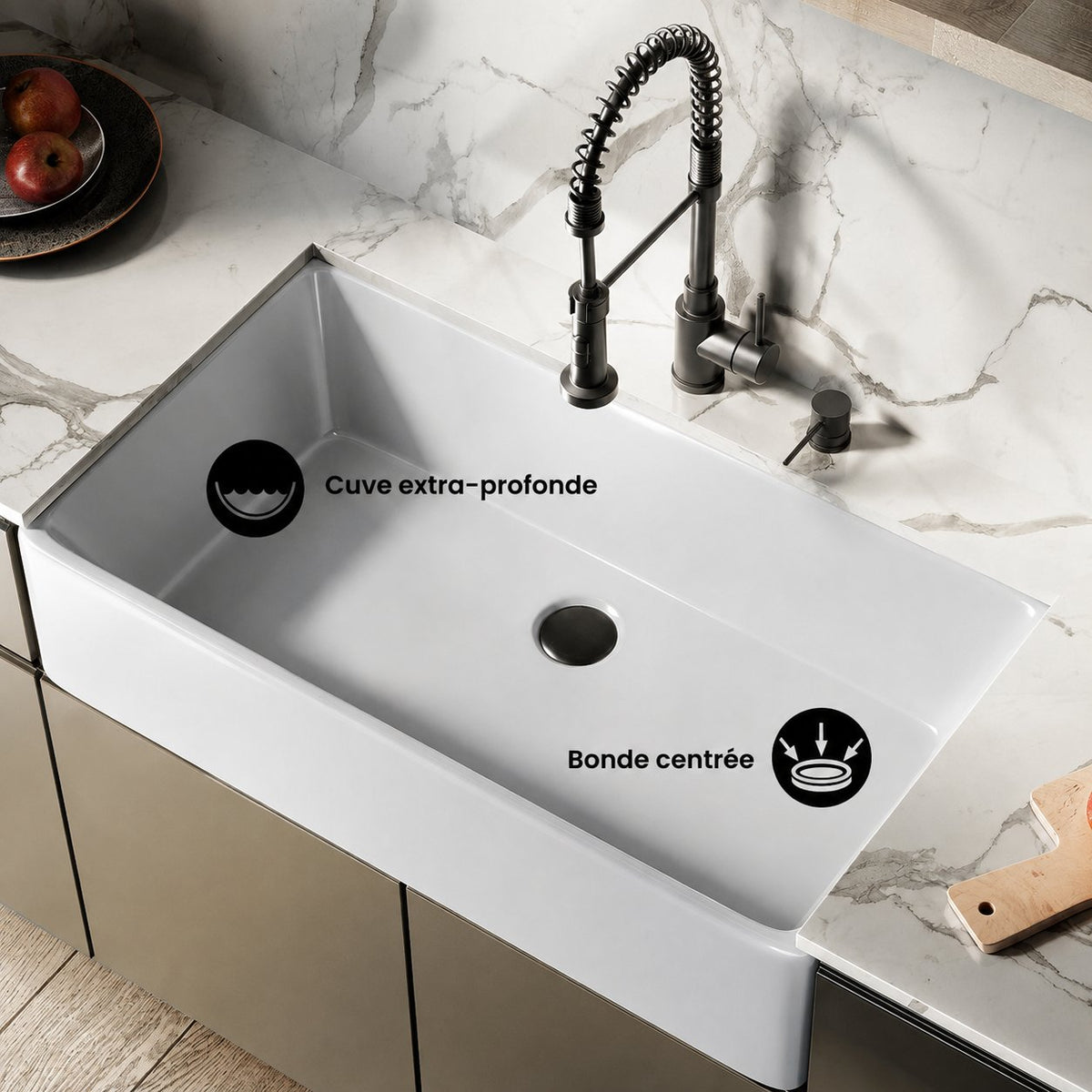 Elegance 91,4 cm x 50,8 cm simple Basin Fireclay Farmhouse évier de cuisine – finition blanc brillant avec acier inoxydable Grid
