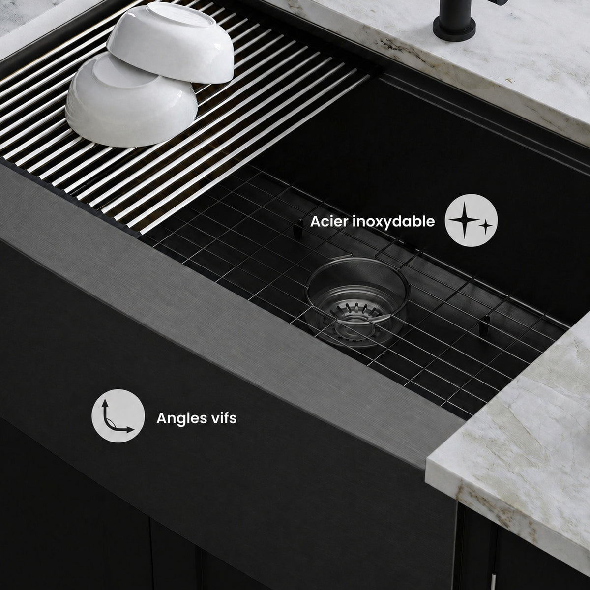Tourner 83,8 × 55,9 cm acier inoxydable, simple Basin, Farmhouse Kitchen Workstation vasque avec Apron – finition noir