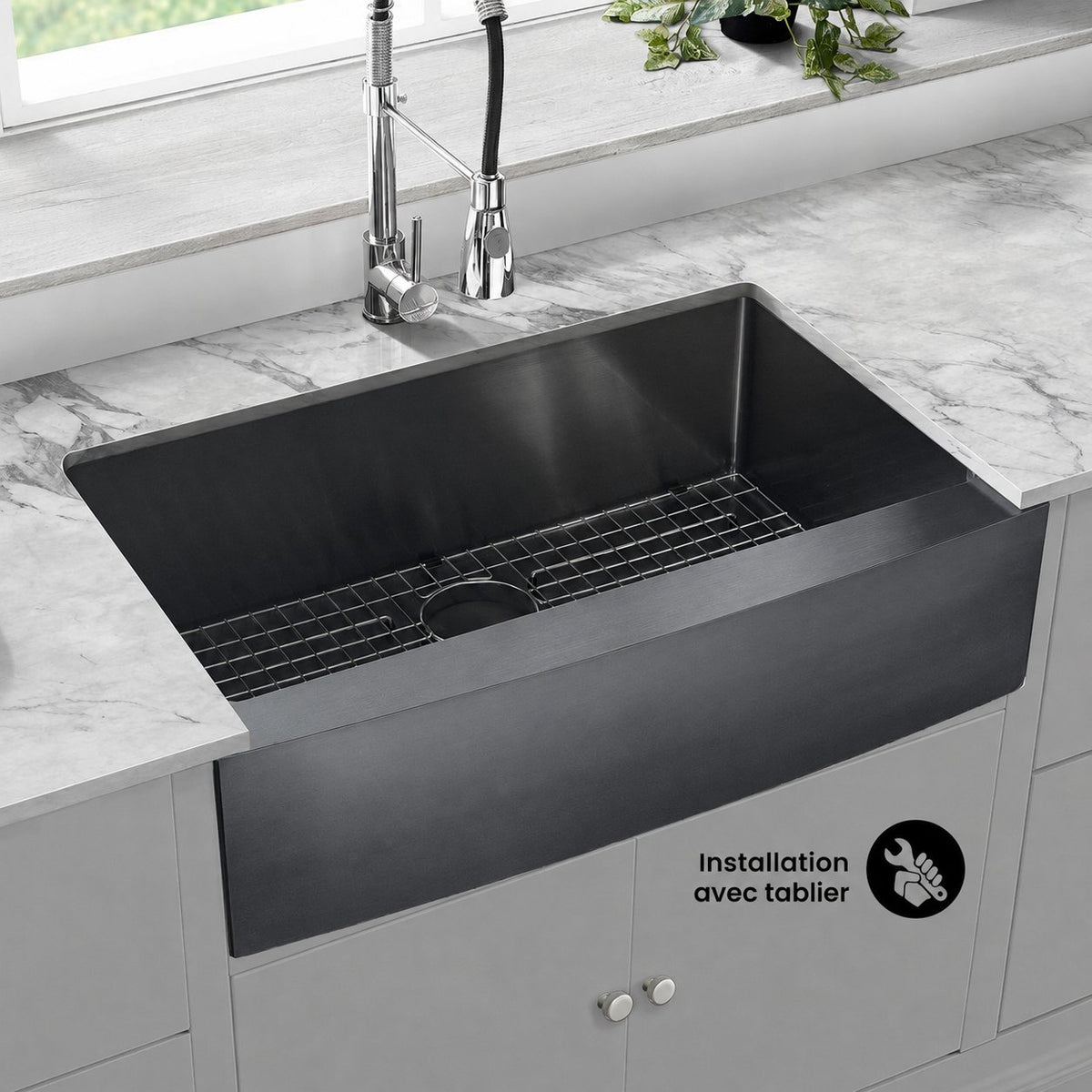 Rivage 83,8 × 53,3 cm acier inoxydable, simple Basin, Farmhouse évier de cuisine avec Apron – finition noir
