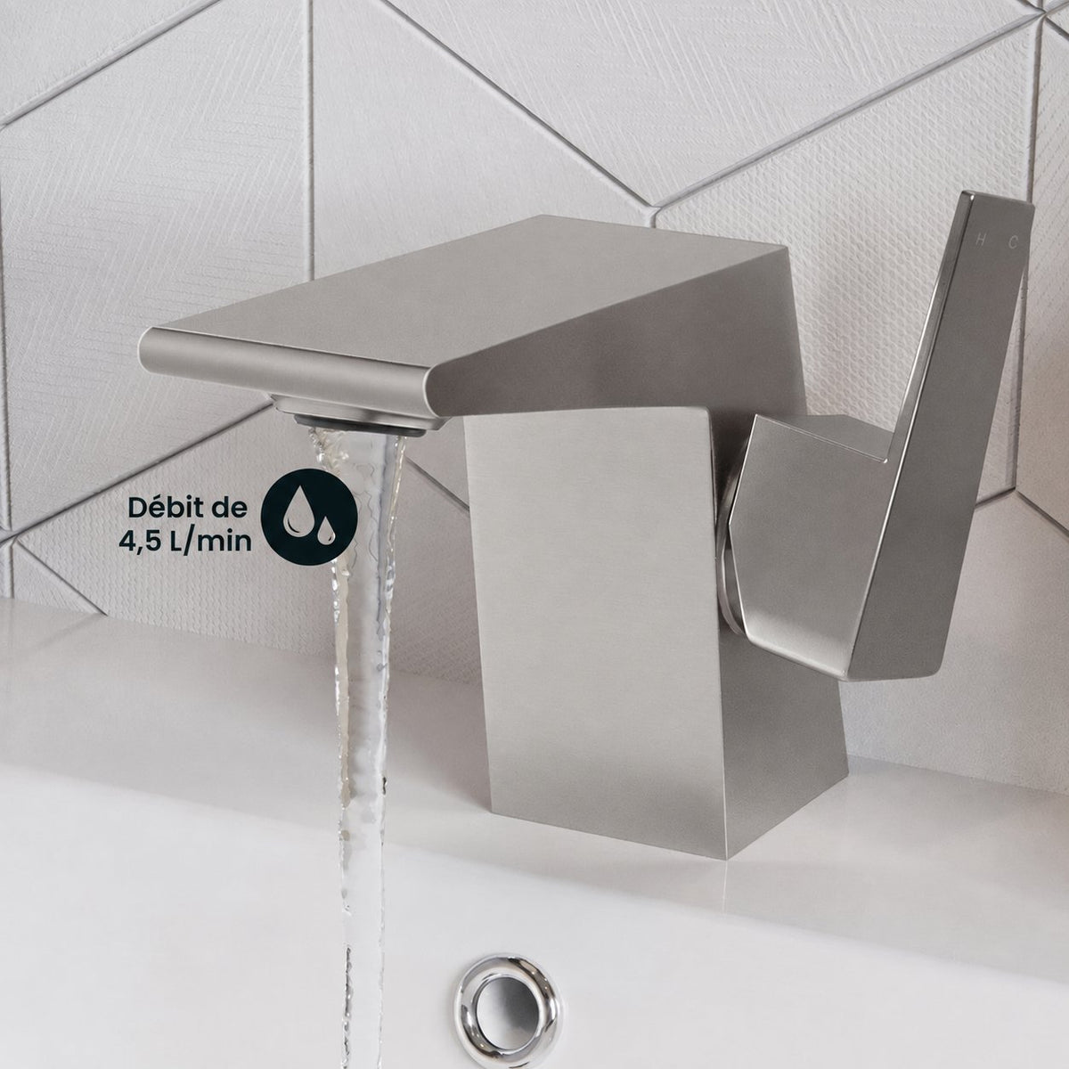 Carre monotrou, monocommande, mitigeur de lavabo – finition nickel brossé