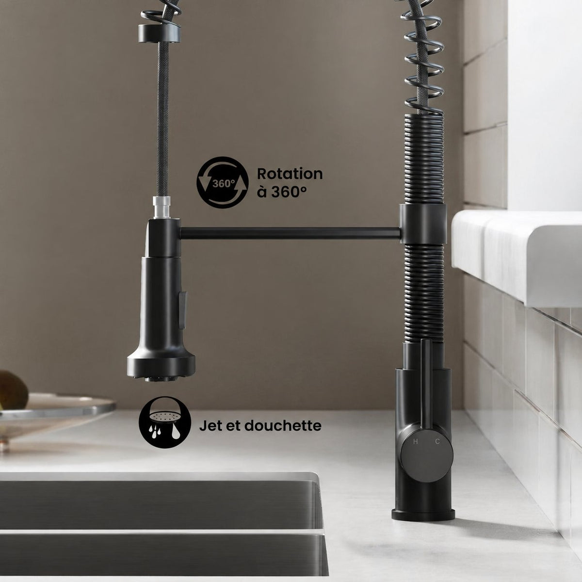 Nouvet Poignée unique, Pull-Down mitigeur de cuisine – finition noir mat