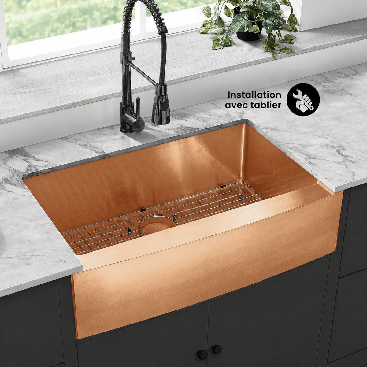 Rivage 83,8 × 53,3 cm acier inoxydable, simple Basin, Farmhouse évier de cuisine avec Apron – finition Rose or