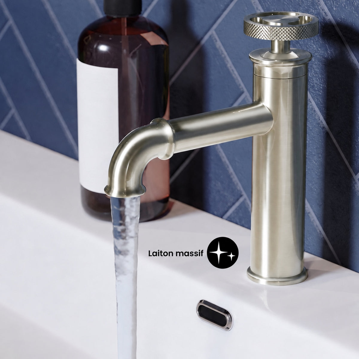 Avallon monotrou, monocommande Wheel, mitigeur de lavabo – finition nickel brossé