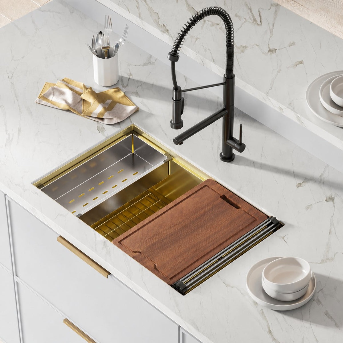 Tourner 76,2 × 48,3 cm acier inoxydable, simple Basin, Undermount Kitchen Workstation vasque – finition or