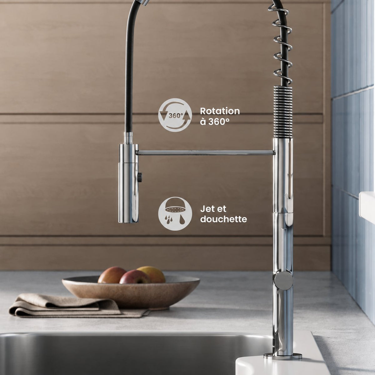 Chalet Poignée unique, Pull-Down mitigeur de cuisine – finition Chrome