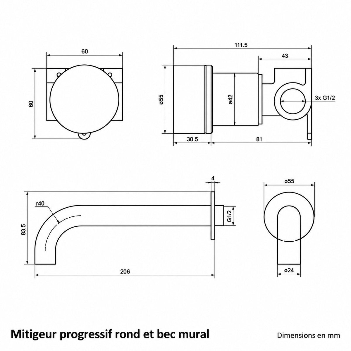 Ensemble mitigeur mural et bec – gris canon brossé | Nerylux