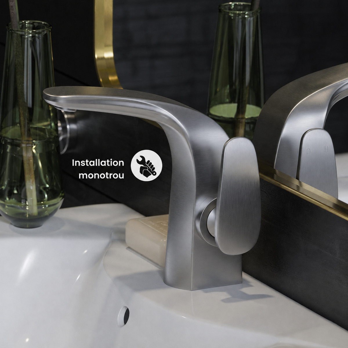 Chateau monotrou, monocommande, mitigeur de lavabo – finition nickel brossé