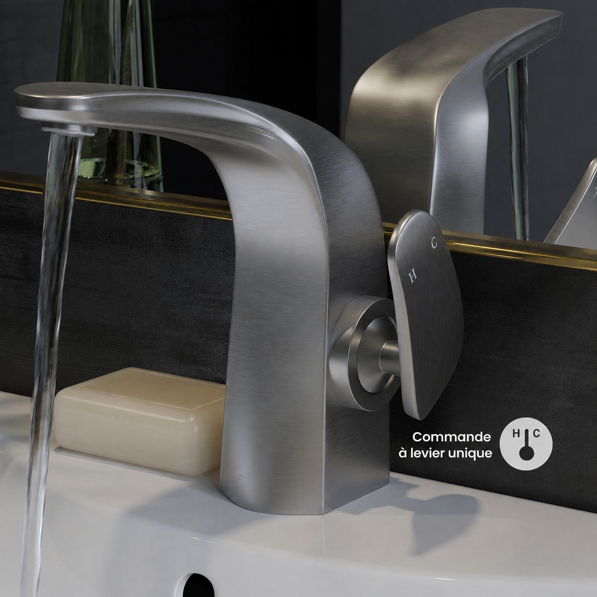 Chateau monotrou, monocommande, mitigeur de lavabo – finition nickel brossé