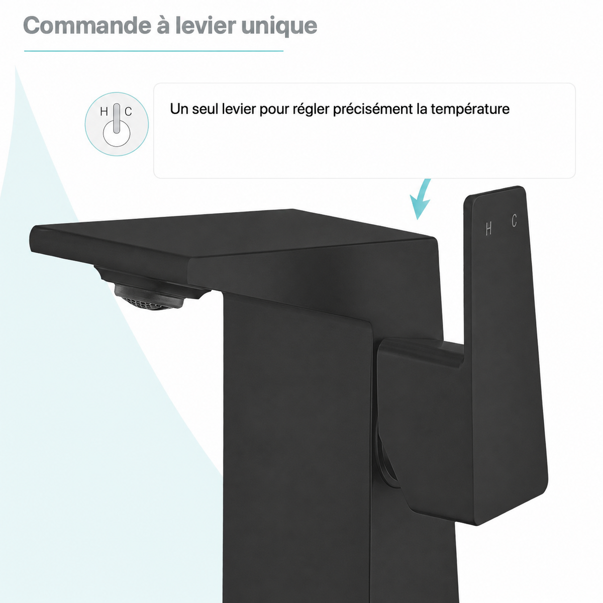 Carre monotrou, monocommande, mitigeur de lavabo – finition noir mat