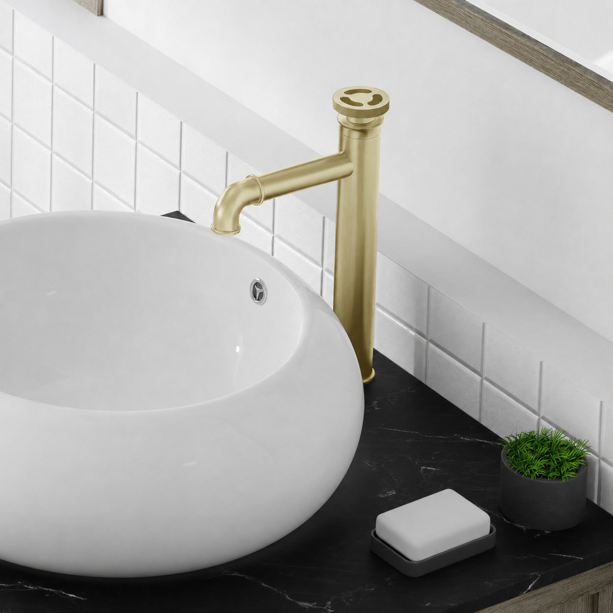 Avallon — Mitigeur de lavabo haut à commande ronde, or brossé