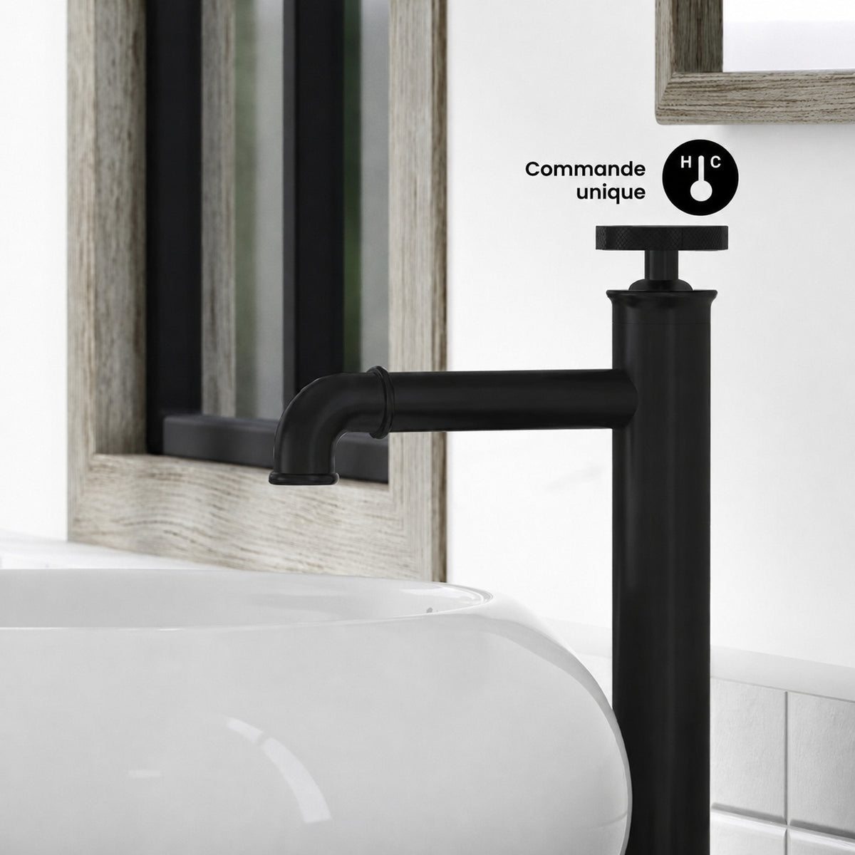 Avallon — Mitigeur de lavabo haut à commande ronde, noir mat