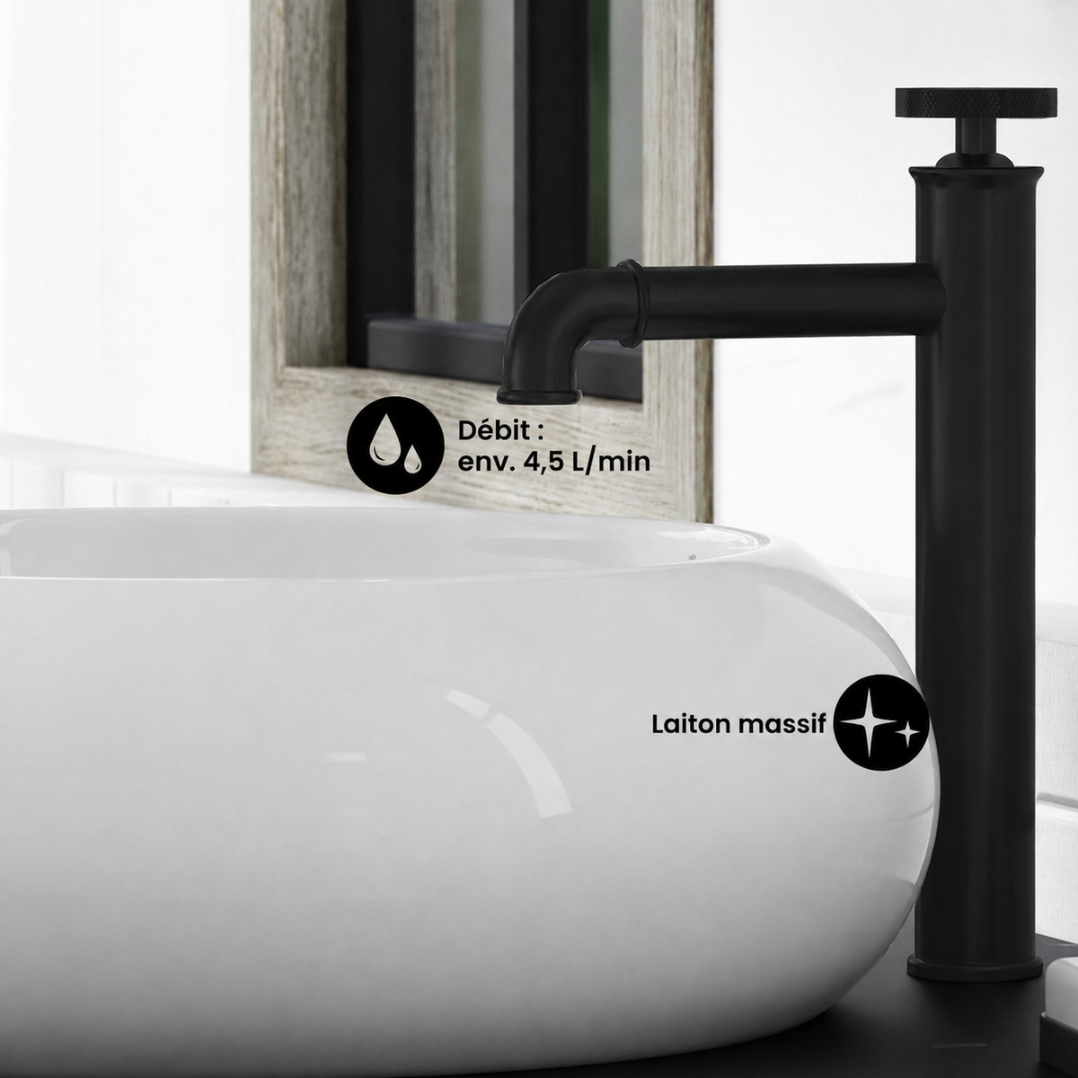 Avallon — Mitigeur de lavabo haut à commande ronde, noir mat