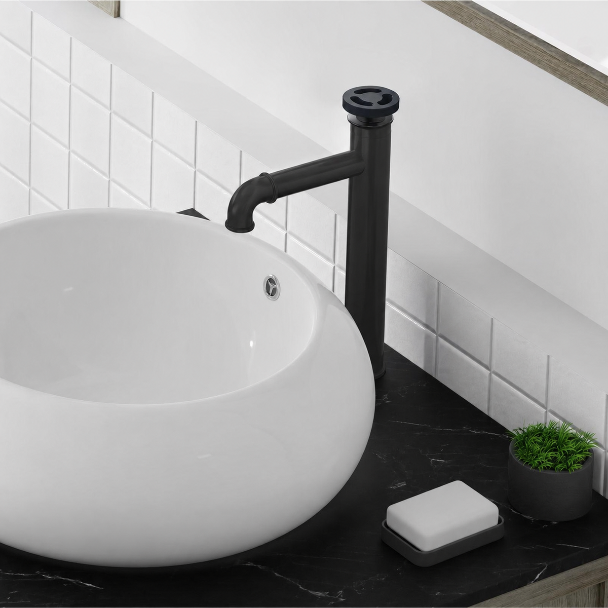 Avallon — Mitigeur de lavabo haut à commande ronde, noir mat