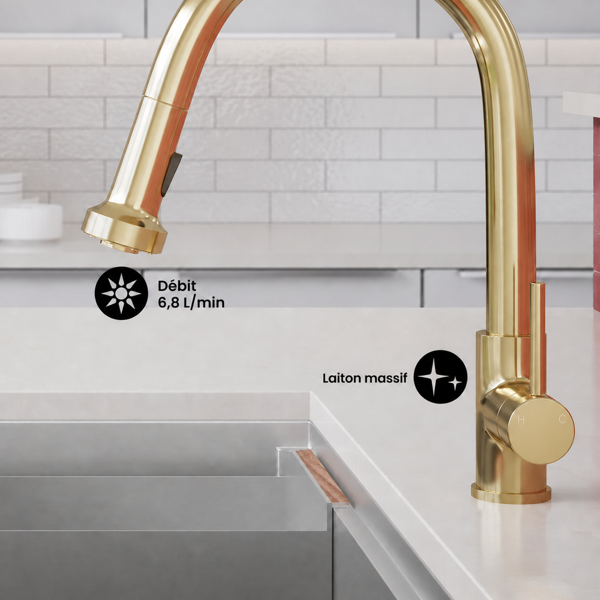 Nouvet Poignée unique, Pull-Down mitigeur de cuisine – finition or brossé