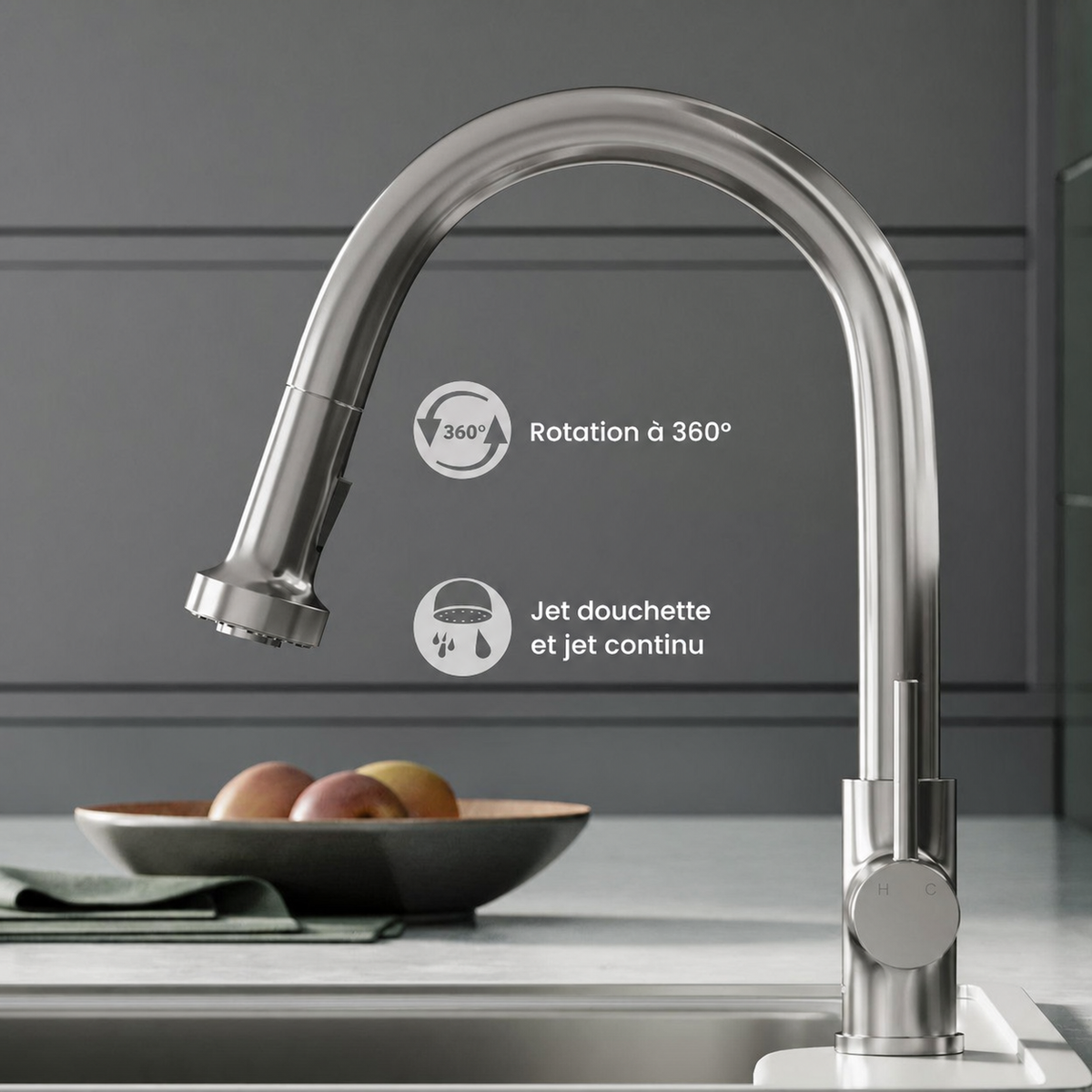 Nouvet Poignée unique, Pull-Down mitigeur de cuisine – finition nickel brossé