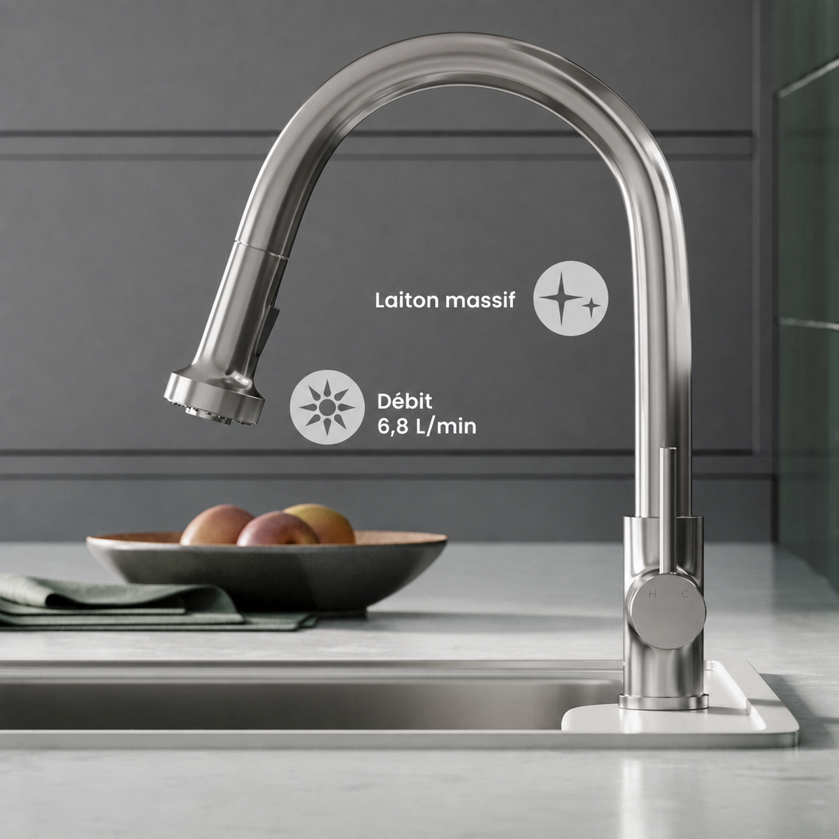 Nouvet Poignée unique, Pull-Down mitigeur de cuisine – finition nickel brossé