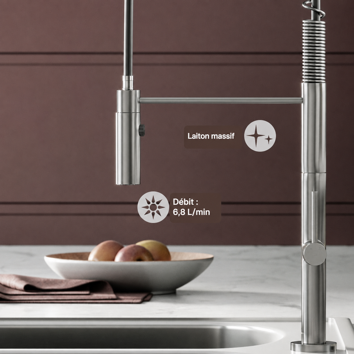Chalet Poignée unique, Pull-Down mitigeur de cuisine – finition nickel brossé