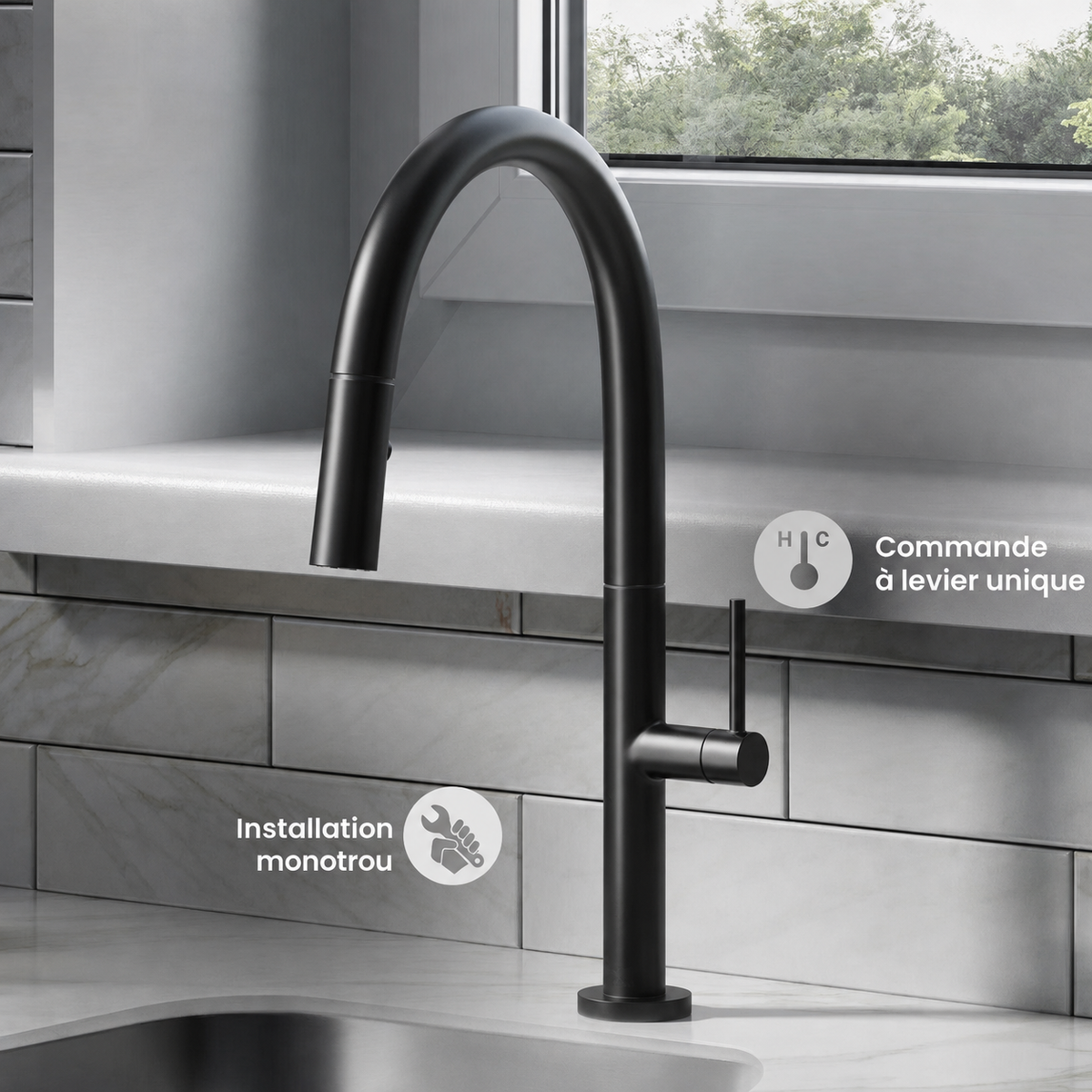 Chalet — Mitigeur de cuisine avec douchette extractible, noir mat