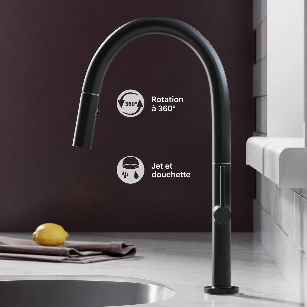 Chalet — Mitigeur de cuisine avec douchette extractible, noir mat