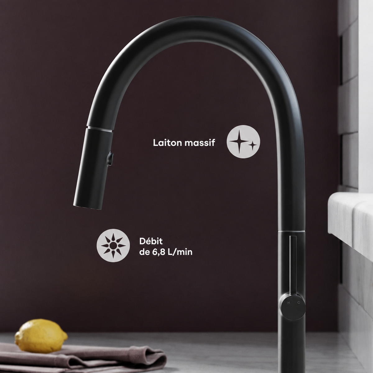 Chalet — Mitigeur de cuisine avec douchette extractible, noir mat