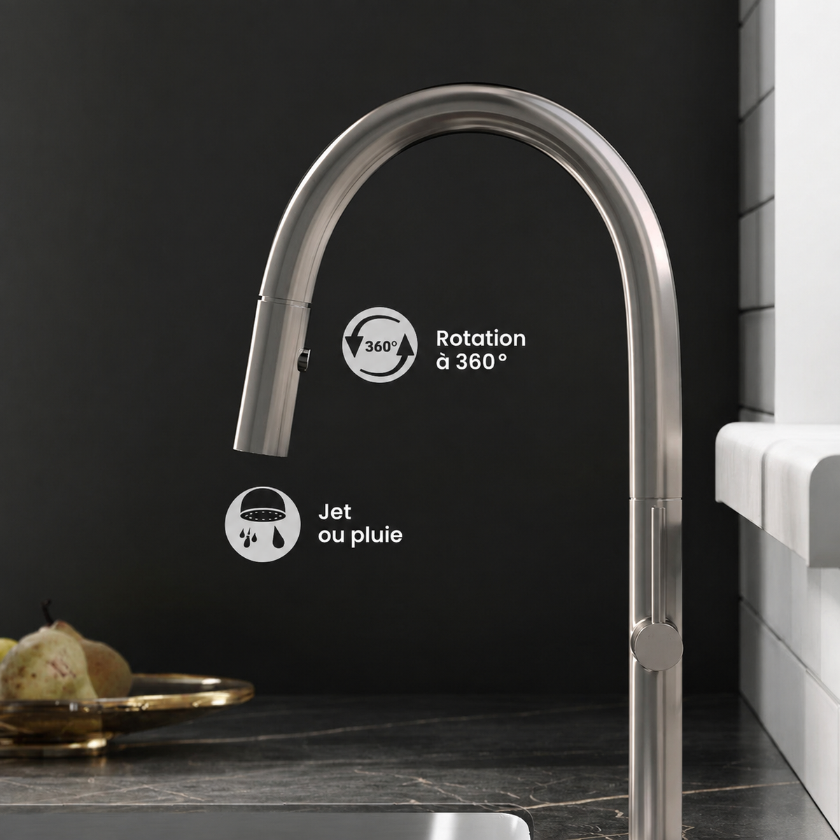 Chalet — Mitigeur de cuisine avec douchette extractible, nickel brossé